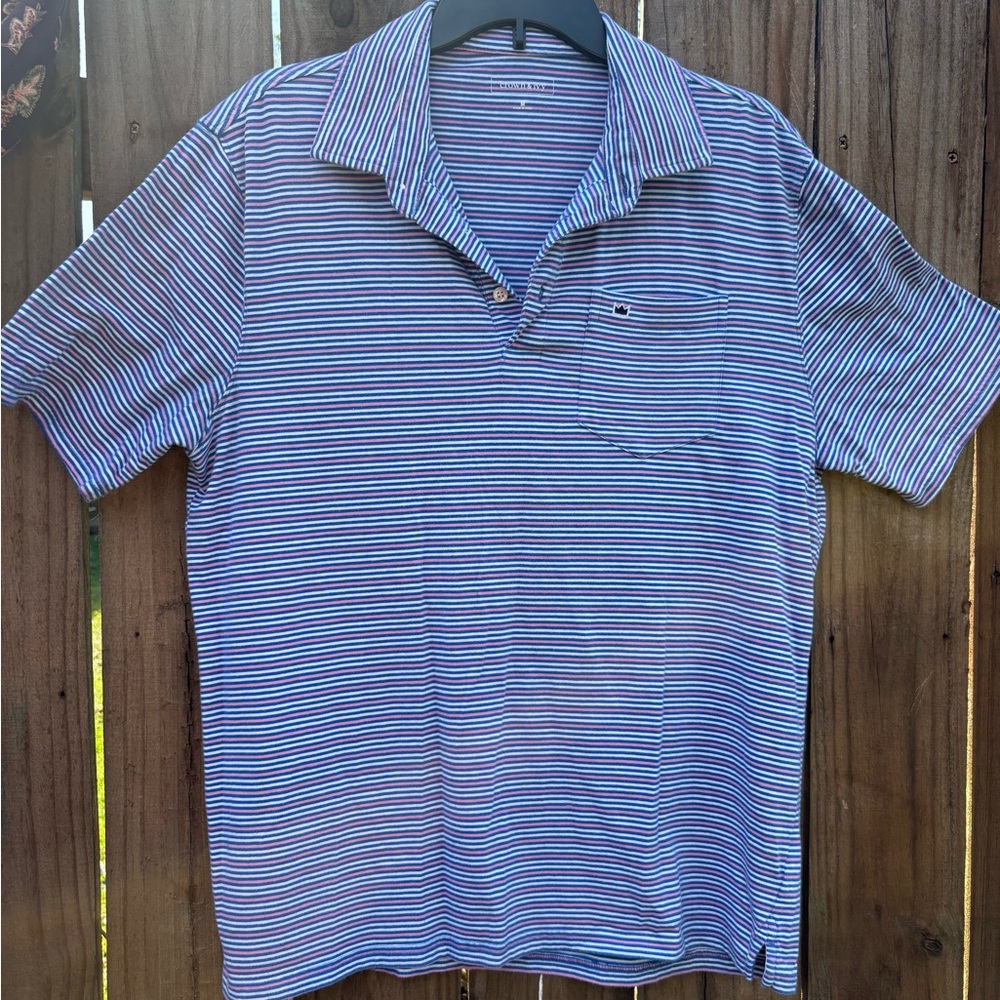 Crown & Ivy Men's Medium Polo Shirt - Blue/White/Pink Stripes